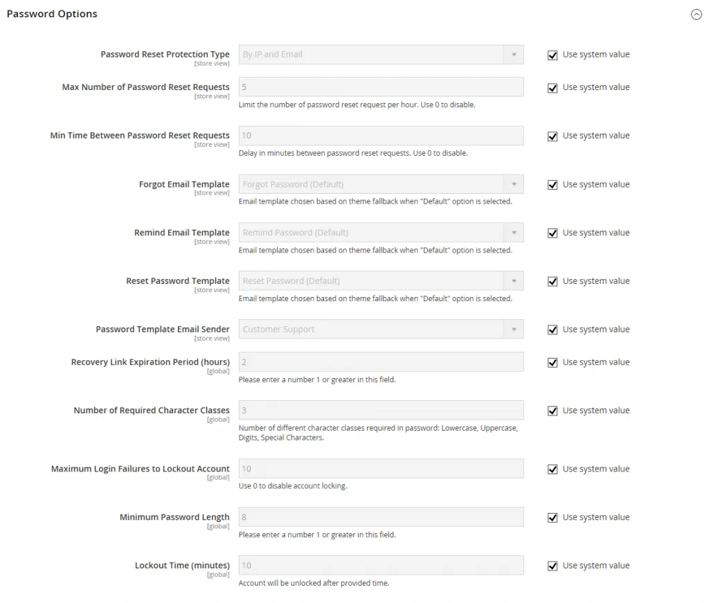 Magento password options