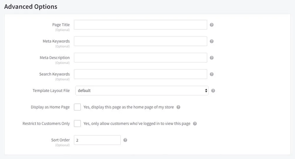 BigCommerce SEO Advanced options
