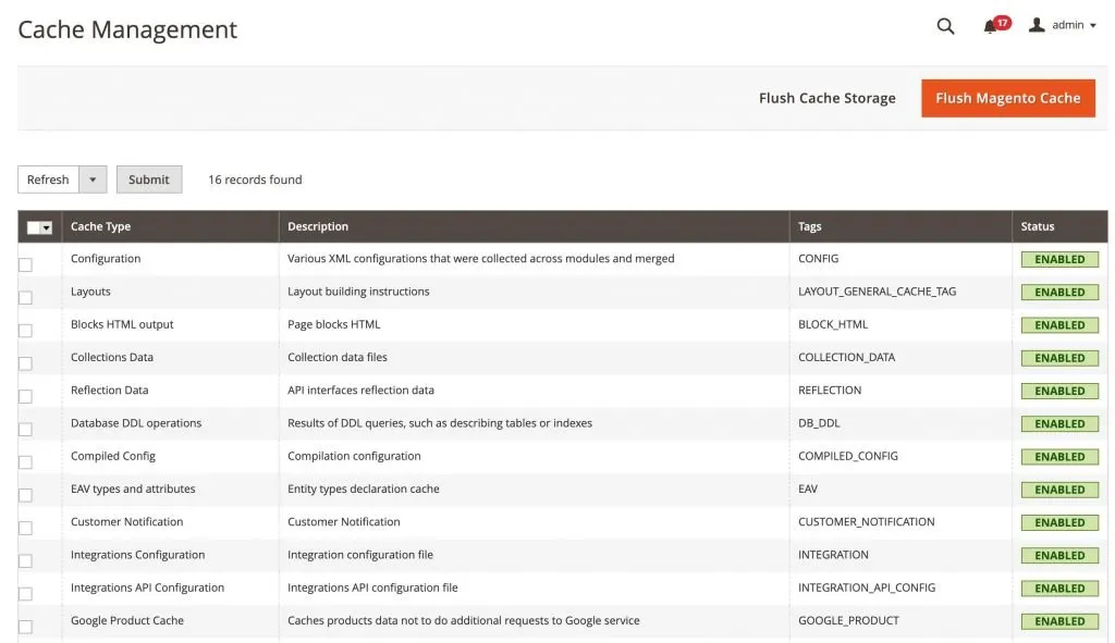 Cache Management page