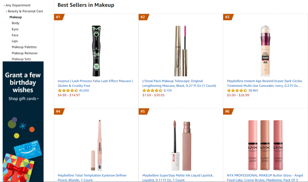 Best sellers in makeup category on Amazon