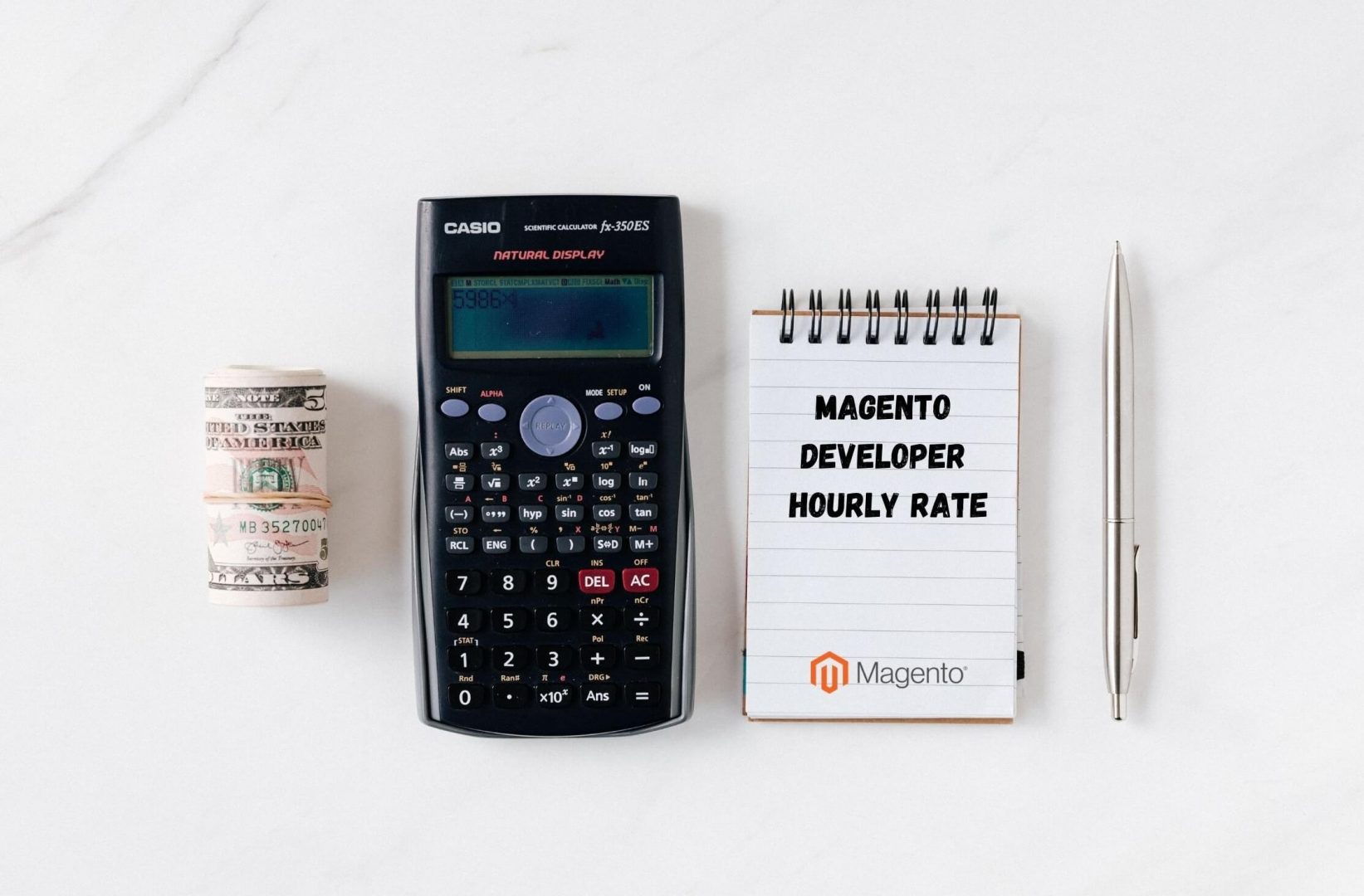 A calculator next to a stash of money and a notepad saying Magento developer hourly rate