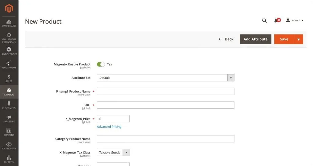 Magento import product page with a product dropdown menu.