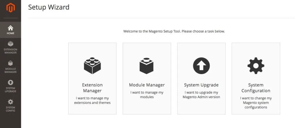 Magento Setup Wizard tool with four administration tasks.