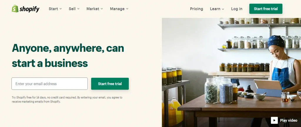Shopify homepage screenshot.