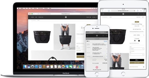 A store checkout page on MacBook, iPad, and iPhone.