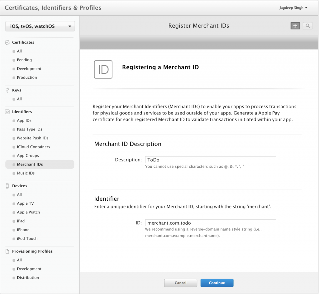 Registration of an Apple Merchant ID tab.