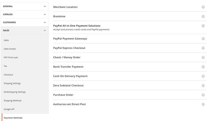 Selection of a payment method in Magento admin panel.