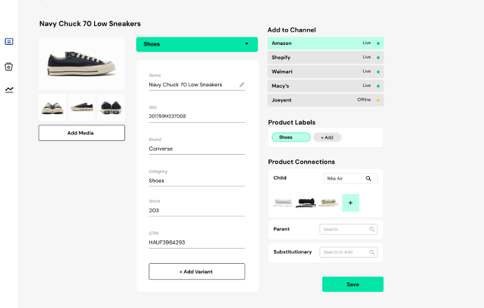 PIM software interface distributing low sneakers product details across various sales channels.