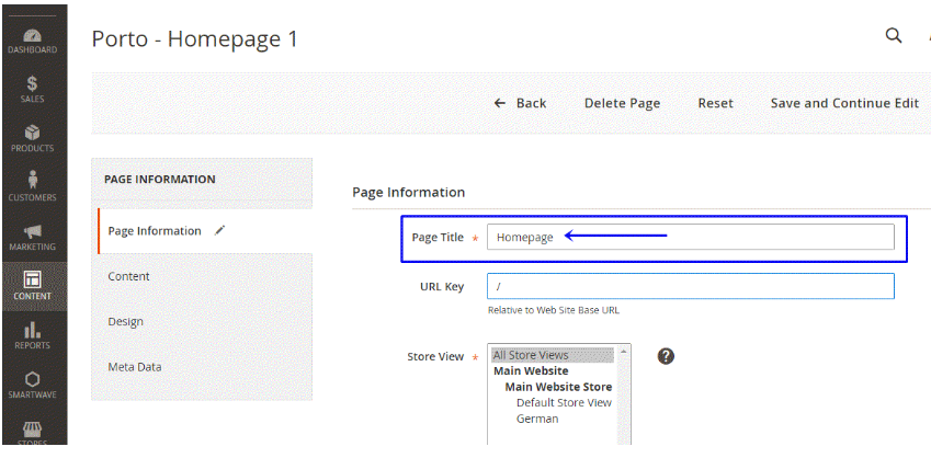 Homepage title customization in the Magento 2 admin panel. 