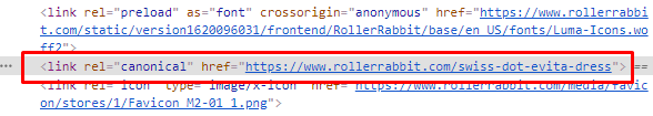 A canonical tag on Roller Rabbit dress product URL.