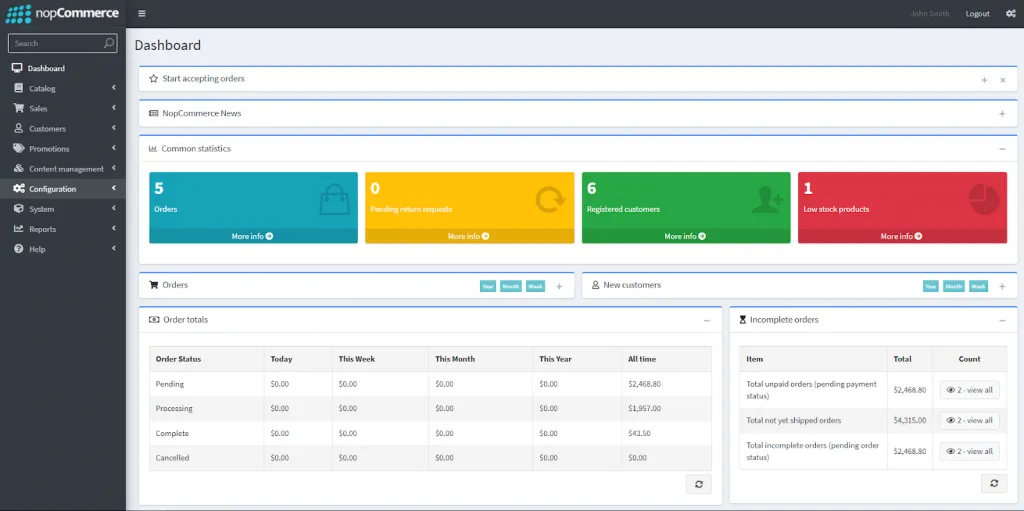 nopCommerce Admin area