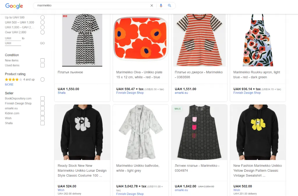 Google Shopping feed with Marimekko search inquiry.