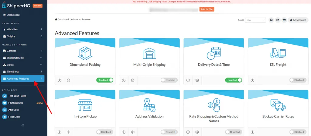 ShipperHQ advanced features menu