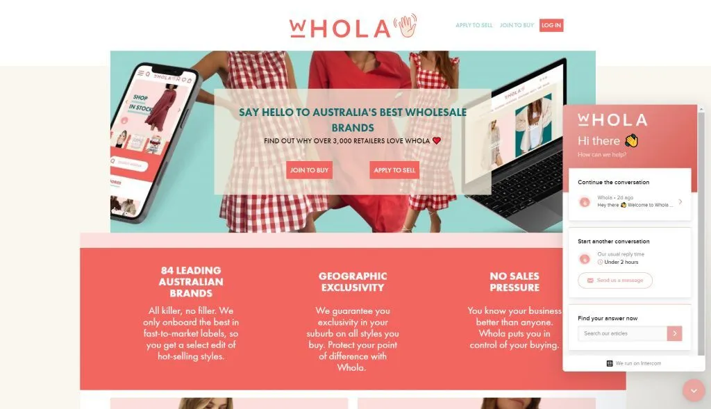 whola welcome page screenshot