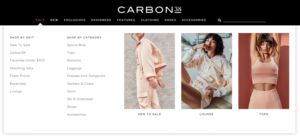 An example of a mega menu on the website of Carbon38.