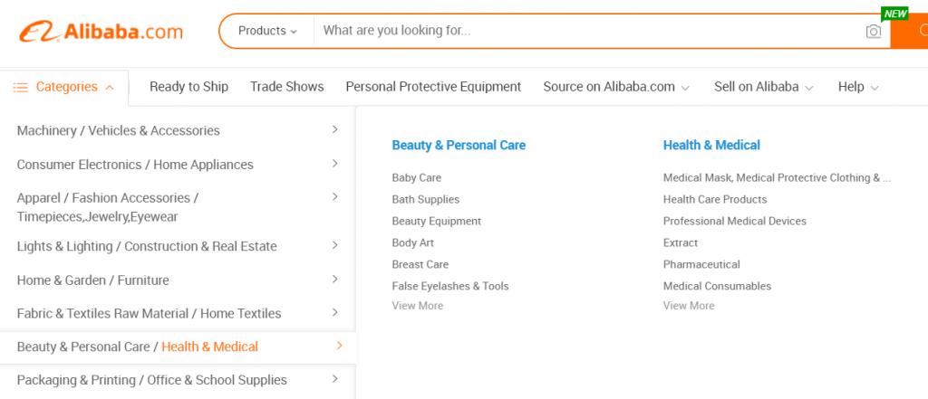 An example of a dynamic menu on Alibaba marketplace.