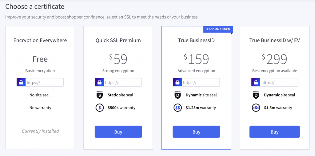 Types and prices of SSL certificates available through BigCommerce.