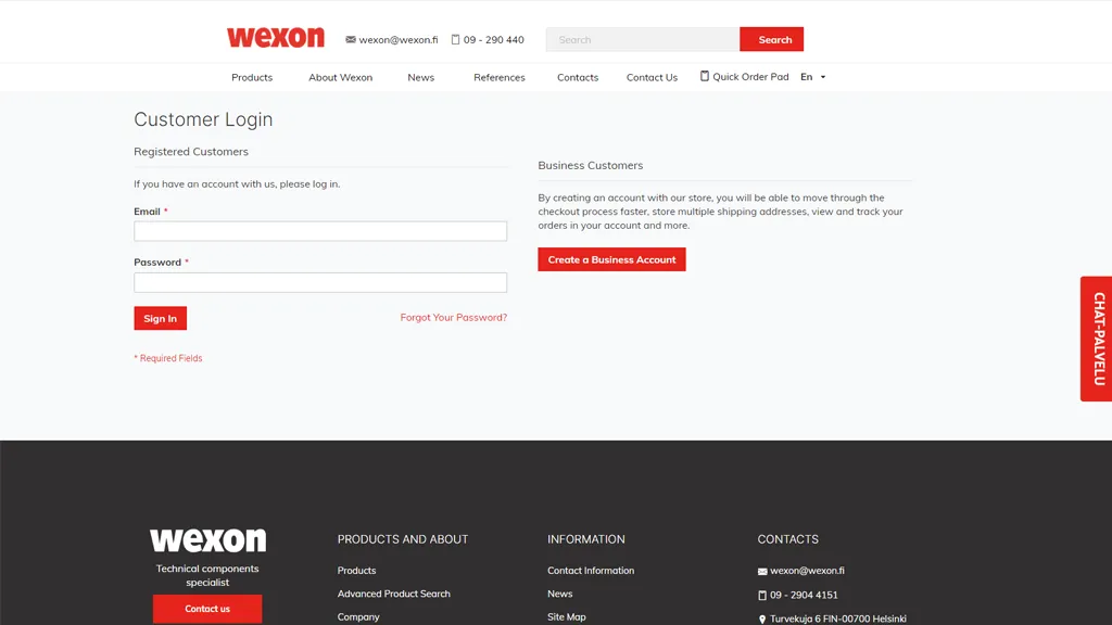 Wexon customer log in page screenshot