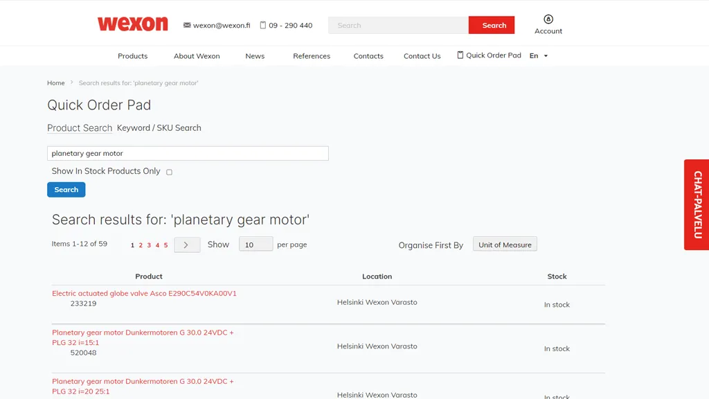 Wexon quick order B2B functionality screenshot
