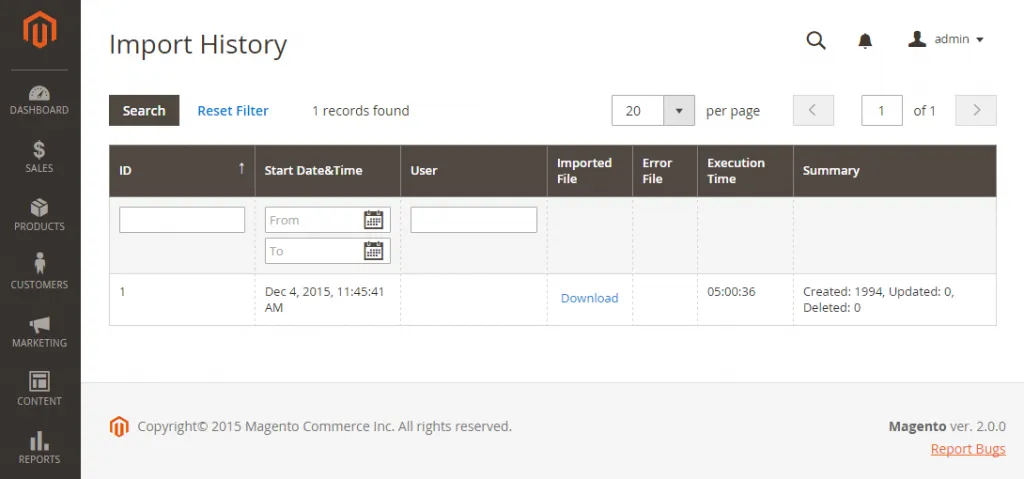 magento product import history