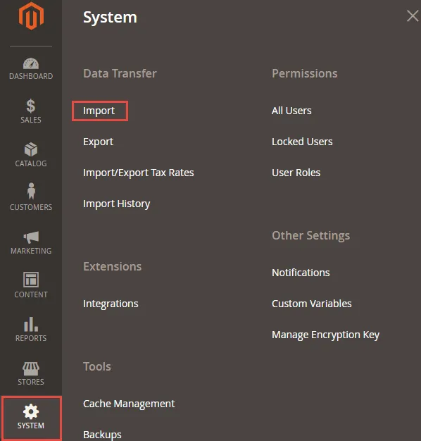 Magento import setting