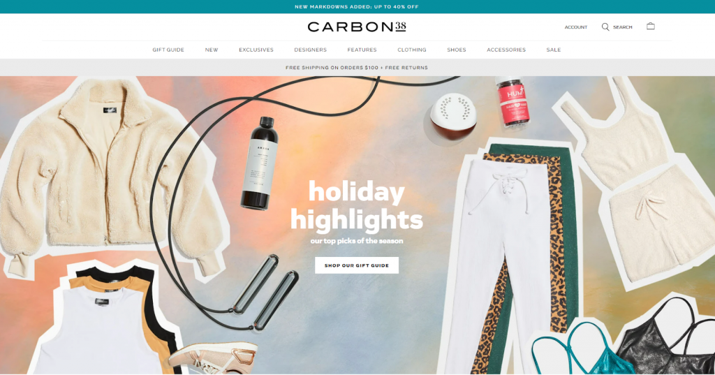 Carbon38 homepage announcing ecommerce holiday season sales.