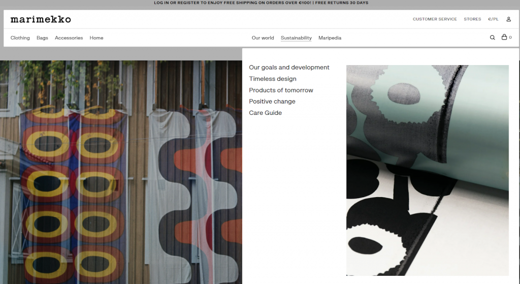 Sustainability section on the website of a fashion retailer, Marimekko.