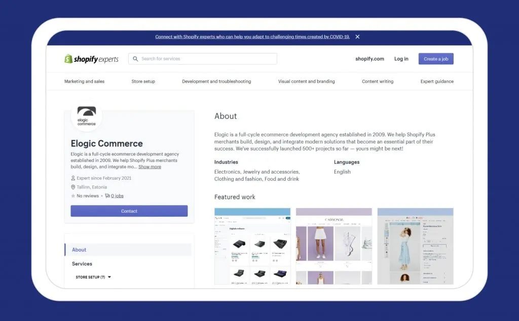 Elogic Commerce registered in a Shopify Experts program.